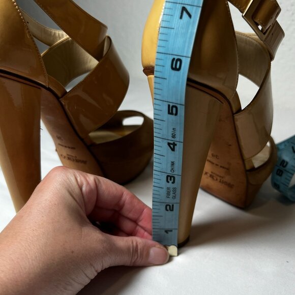 Jimmy Choo Fiery Patent Platform Ankle Strap Heel Sandals Beige EU 38 US 8 Luxe - Picture 10 of 16